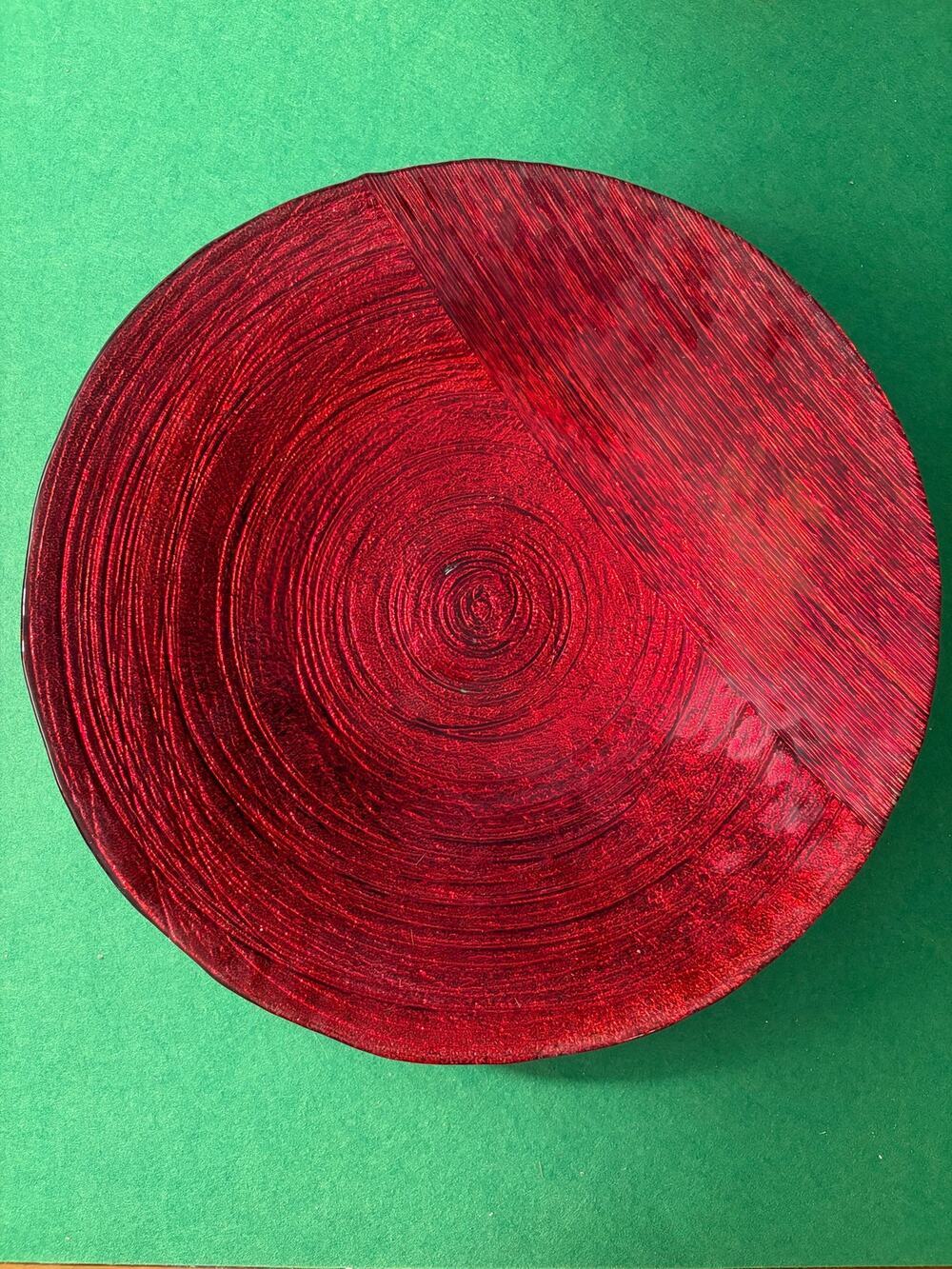 Large cherry red glass silver holiday display serving platter bowl